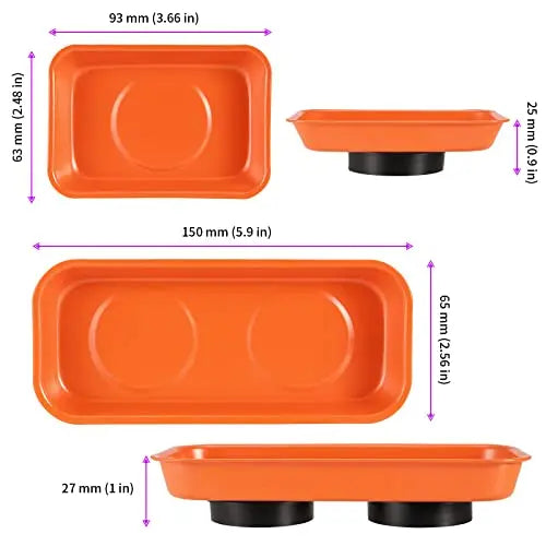 Orange magnetic parts tray with various sized slots and a rectangular tray.