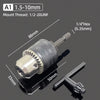 A drill chuck adapter with a 1.5-10mm mounting thread and a 1/4 inch hex key for impact drivers.