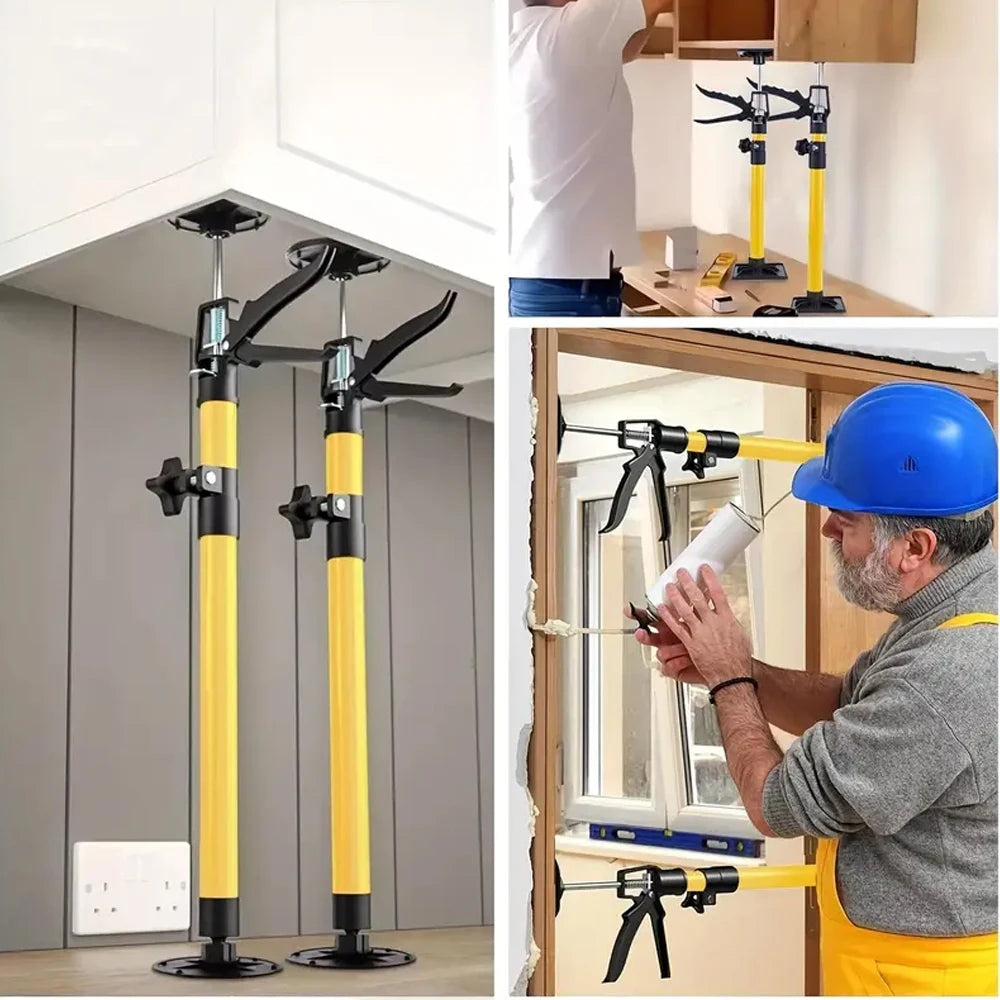 Adjustable telescopic support rods in yellow and black used for holding doors and cabinets.