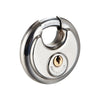 A close-up view of a heavy duty stainless steel round padlock with a keyhole and a hardened shackle.