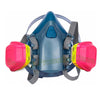 Mascarilla respiratoria azul con cartuchos de filtración rosa y amarillo y correas grises.