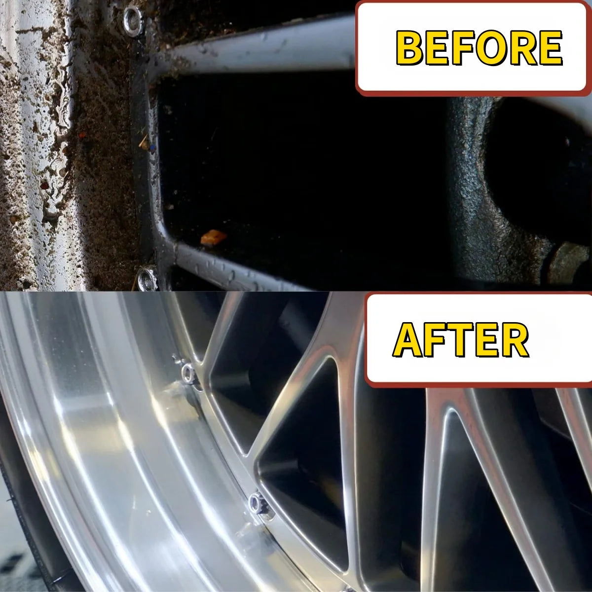 Before and after comparison of a detailing brush set used for automotive cleaning.