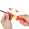 A hand is demonstrating the push out and push in functions of a red and yellow electric screwdriver.