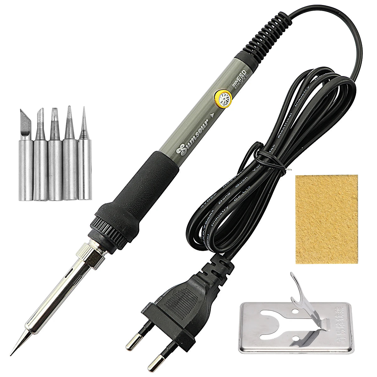 A precision digital soldering iron with a cable and tip, shown next to a brass solder wire and a cleaning tool.