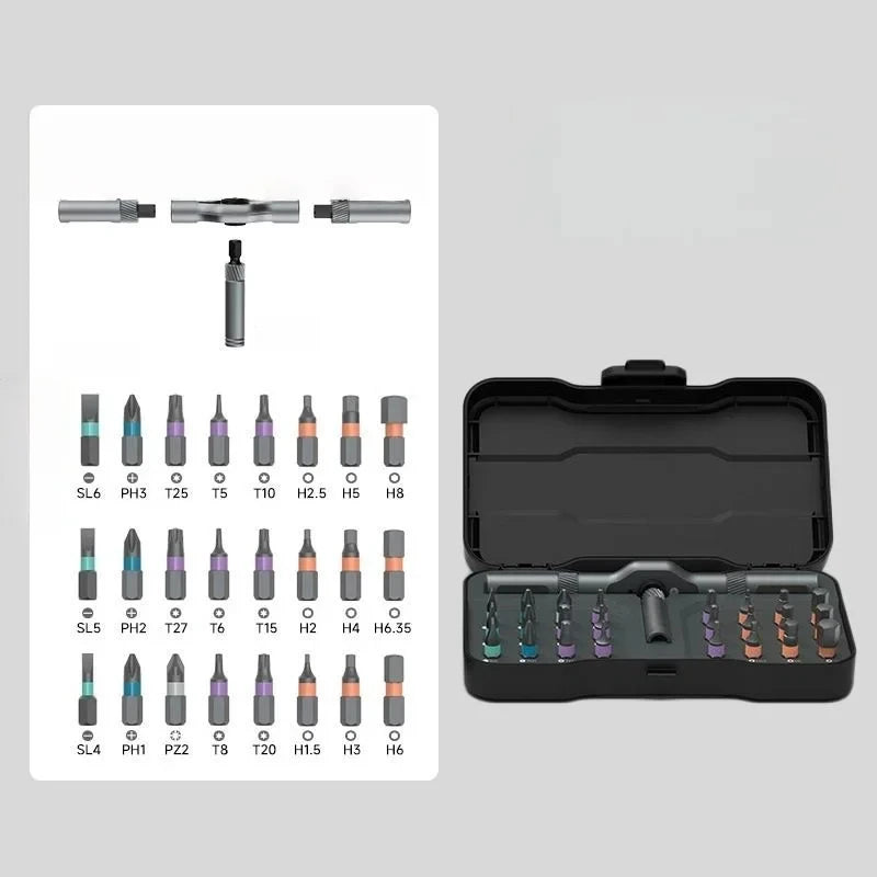 A collection of various screwdriver bits and tools for a 24-in-1 multifunction ratchet set displayed in an open case.