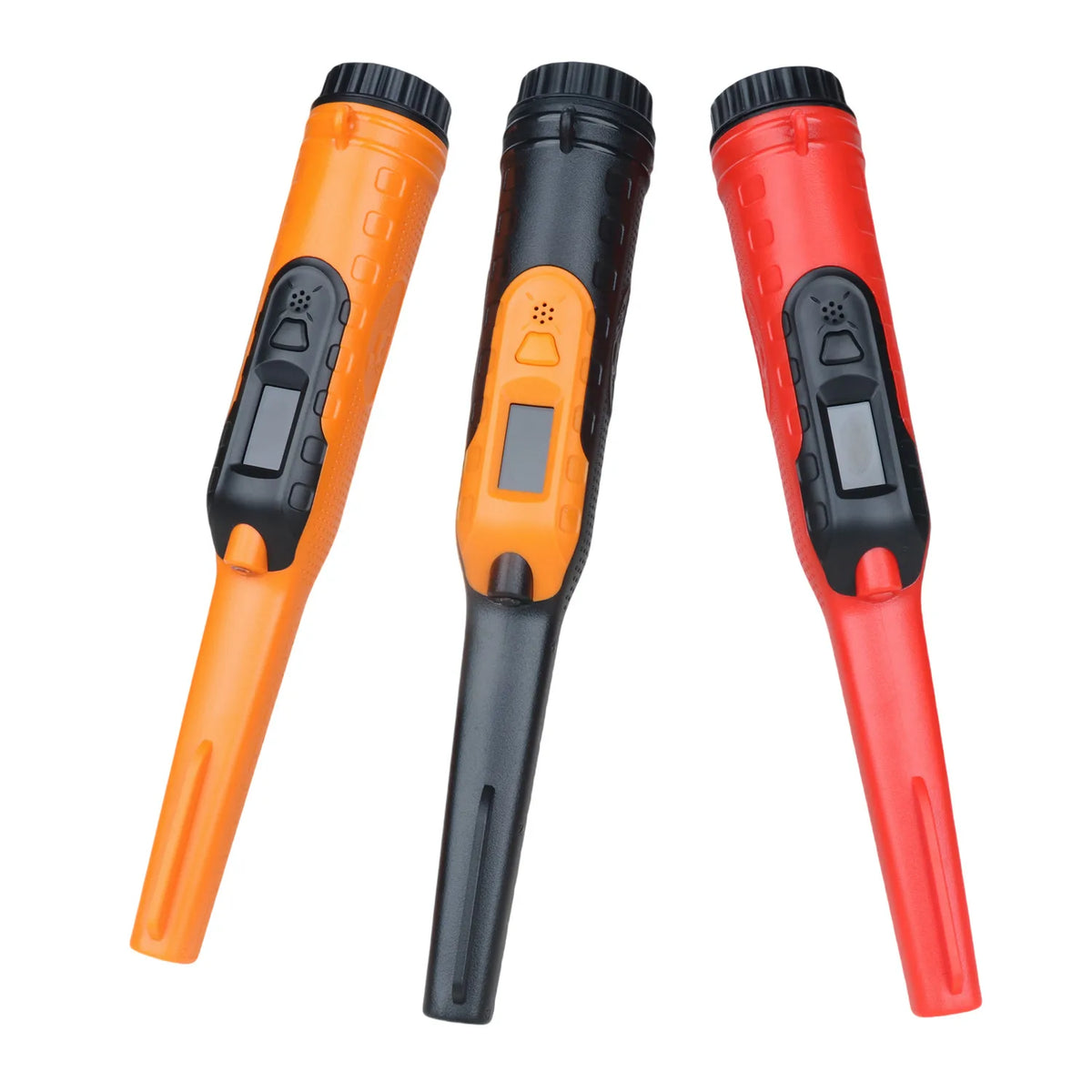 Tres punteros detectores metálicos profesionales impermeables en naranja, negro y rojo.