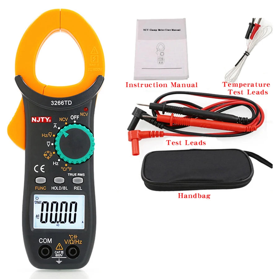 Medidor digital negro con mango naranja y varios cables de prueba y accesorios.