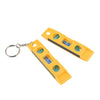 Yellow mini bubble level with a keychain featuring several small glass bubbles for precision measurement