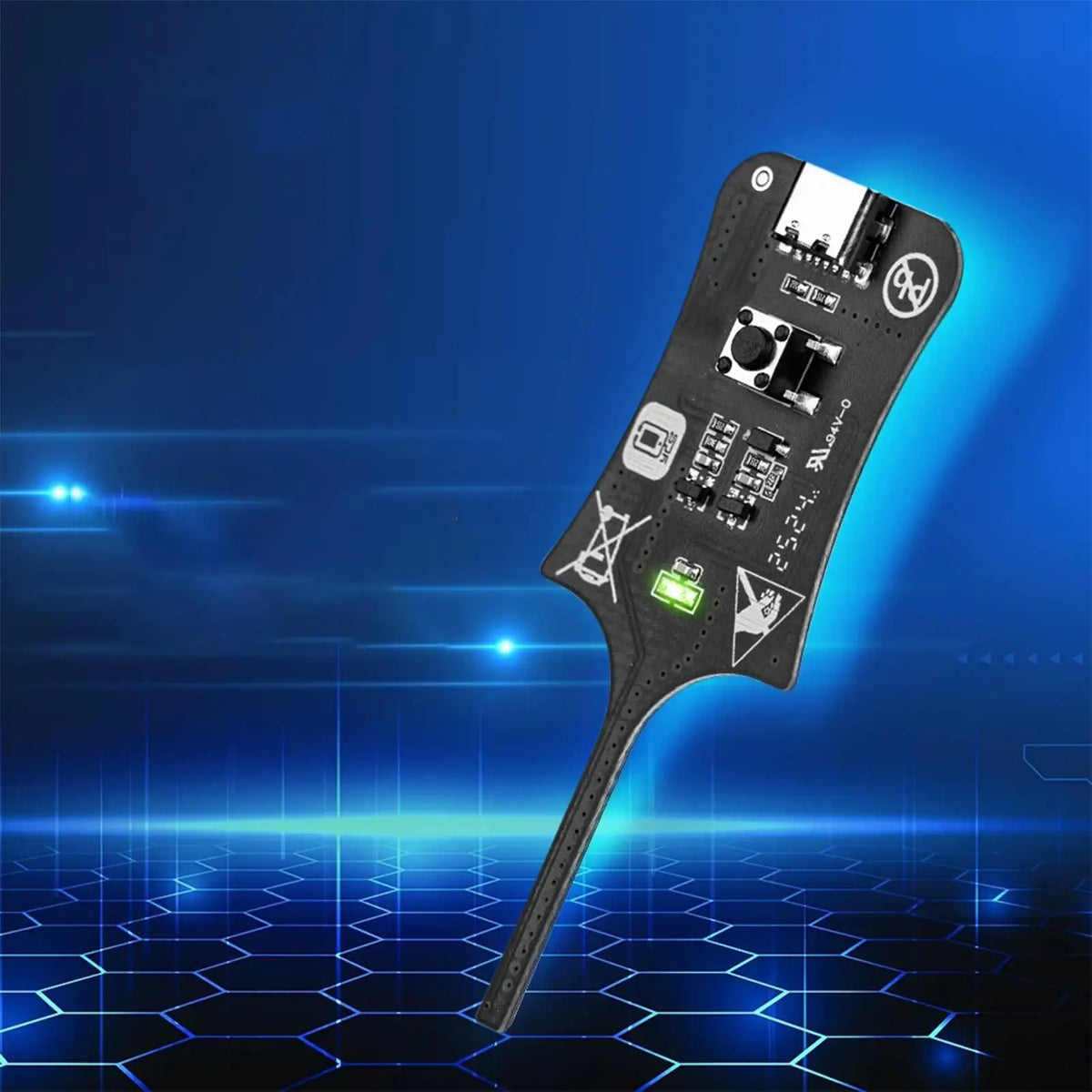 Probador de bobinas de placa base negro con componentes electrónicos y una sonda contra un fondo digital azul
