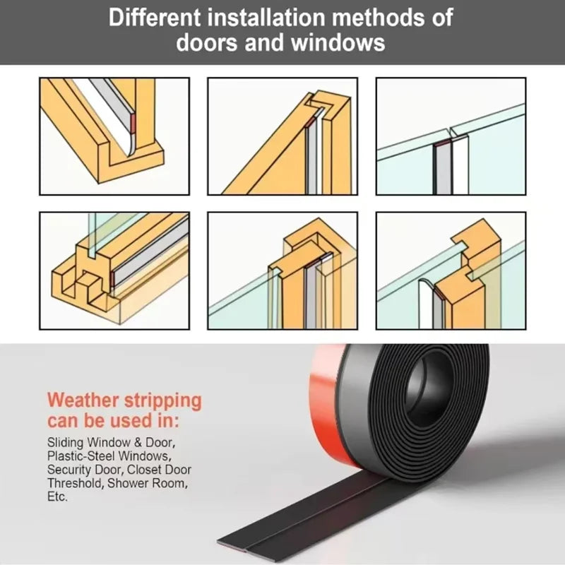 Diagrams showing different installation methods for door and window seals and weather stripping strips