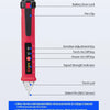 A red and black non-contact AC voltage detector pen showing various features like a battery cover, door lock, pen clip, and v