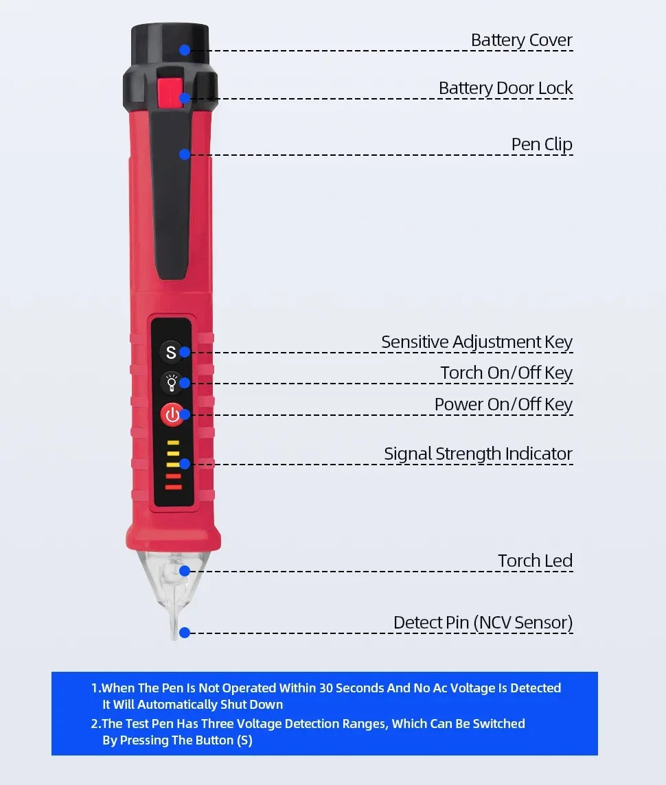 A red and black non-contact AC voltage detector pen showing various features like a battery cover, door lock, pen clip, and v