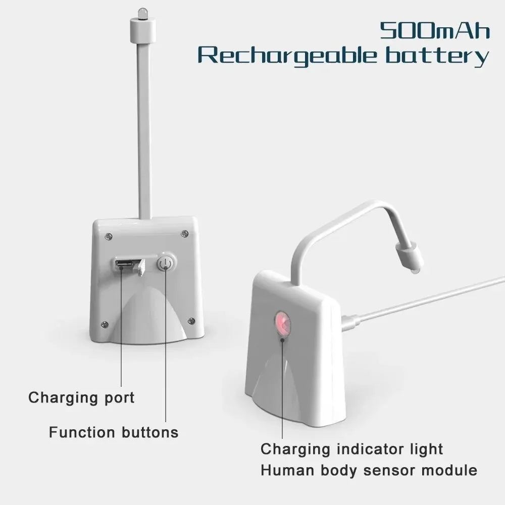 A white rechargeable battery device with a charging port, function buttons, indicator light, and human body sensor module.