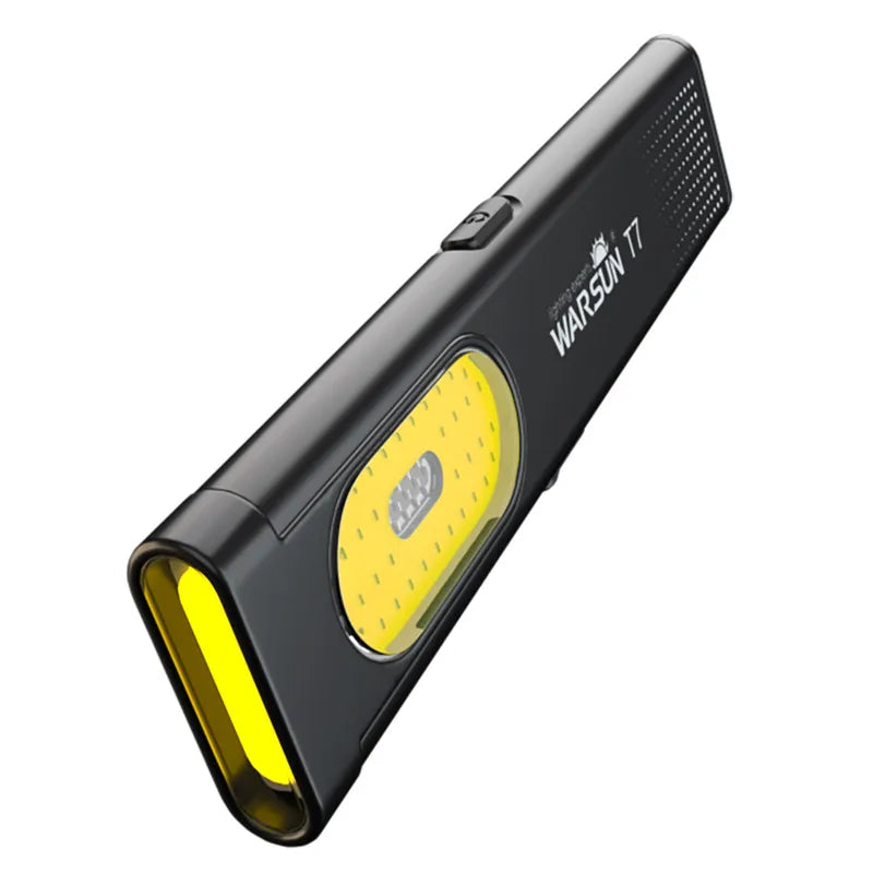 A black WARSUN T7 LED rechargeable flashlight with a yellow light visible from the front.
