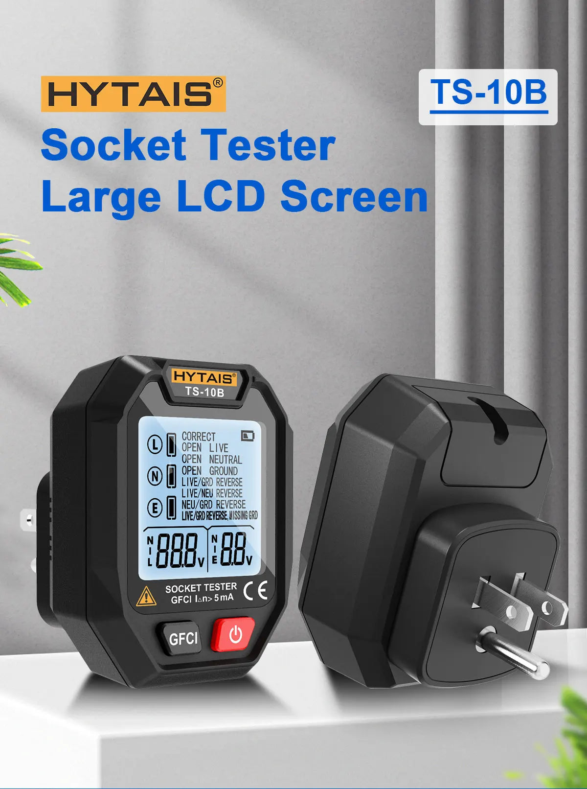 Schwarzer HYTAIS TS-10B Steckdosenprüfer mit großem LCD-Display neben dem Netzanschluss.