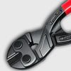 A close-up view of a black heavy-duty bolt cutter with a red handle and visible branding.