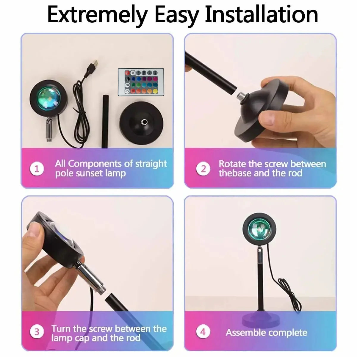 Instructions pour installer facilement une lampe de soleil droite, veilleuse, avec composants et étapes d'assemblage.