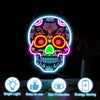Dimmable LED neon sign art shaped like a skull with various colored lights and features for eye protection and energy saving