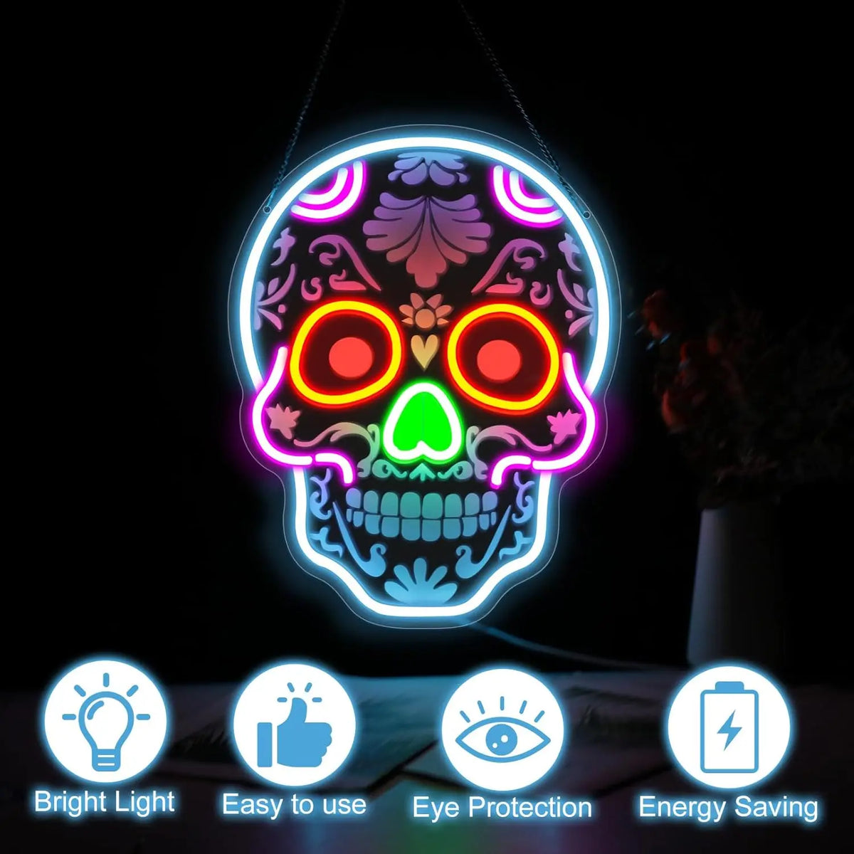 Dimmable LED neon sign art shaped like a skull with various colored lights and features for eye protection and energy saving