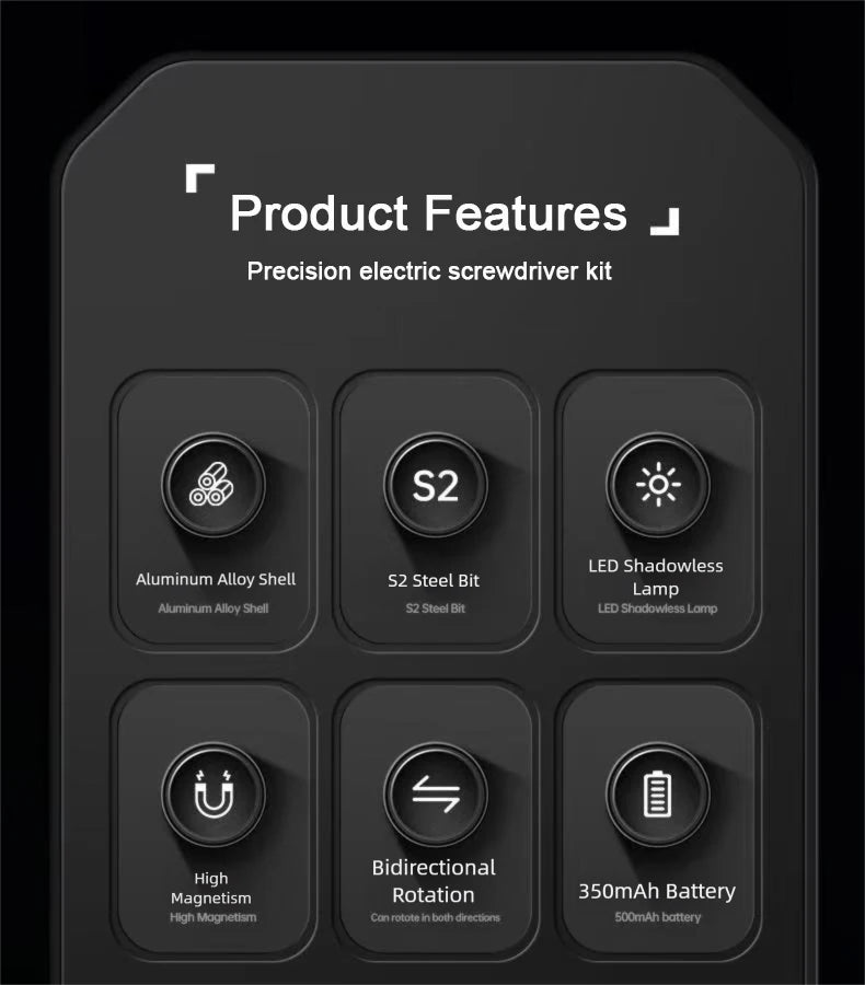 A black precision electric screwdriver kit with various tools and a 350mAh battery visible on the faceplate.