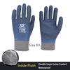 A pair of blue and gray double layer latex coated waterproof work gloves shown with an inside plush lining.