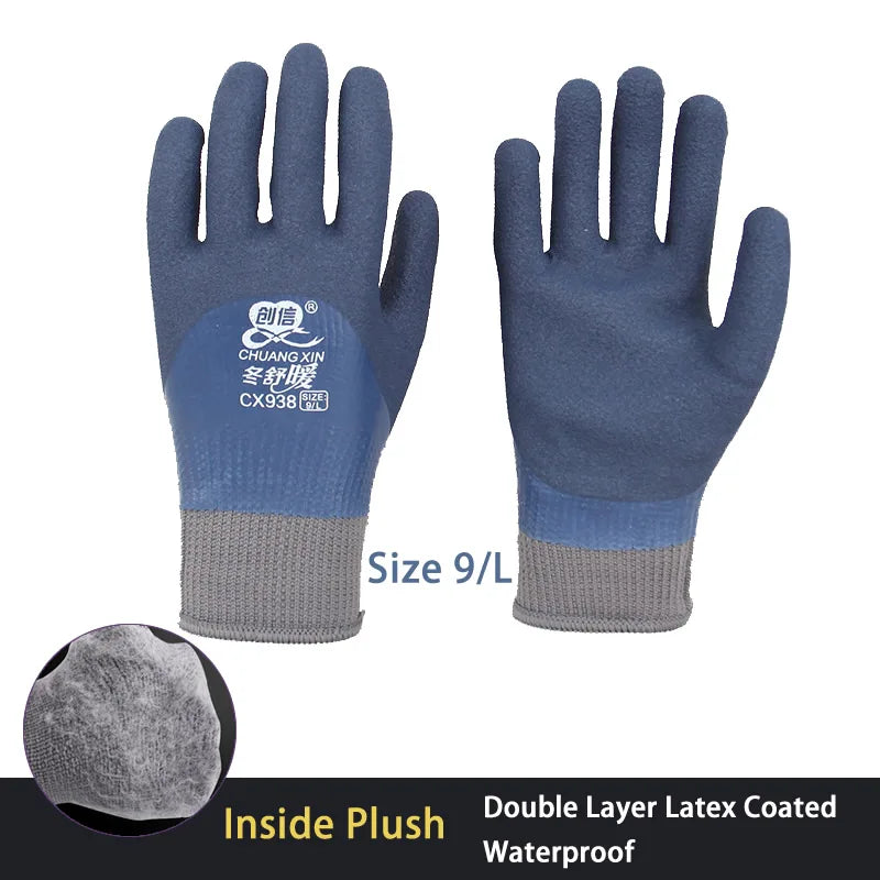 A pair of blue and gray double layer latex coated waterproof work gloves shown with an inside plush lining.