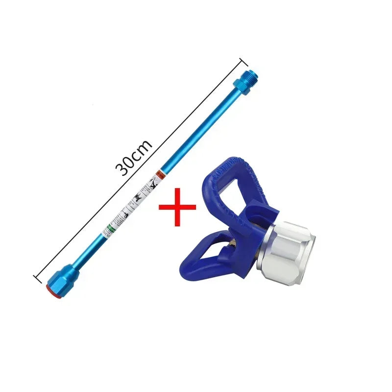 A blue paint sprayer gun extension rod with a handle and nozzle, shown next to a measurement scale.