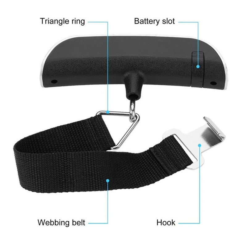 A black portable digital weighing scale with a triangle ring, battery slot, and webbing belt for luggage.