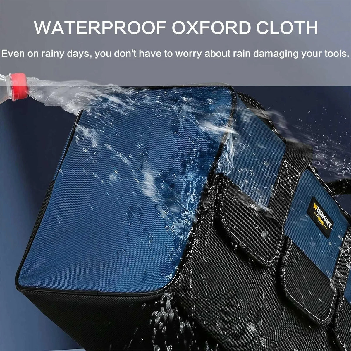 A waterproof Oxford cloth tool organizer bag is shown being splashed by water.