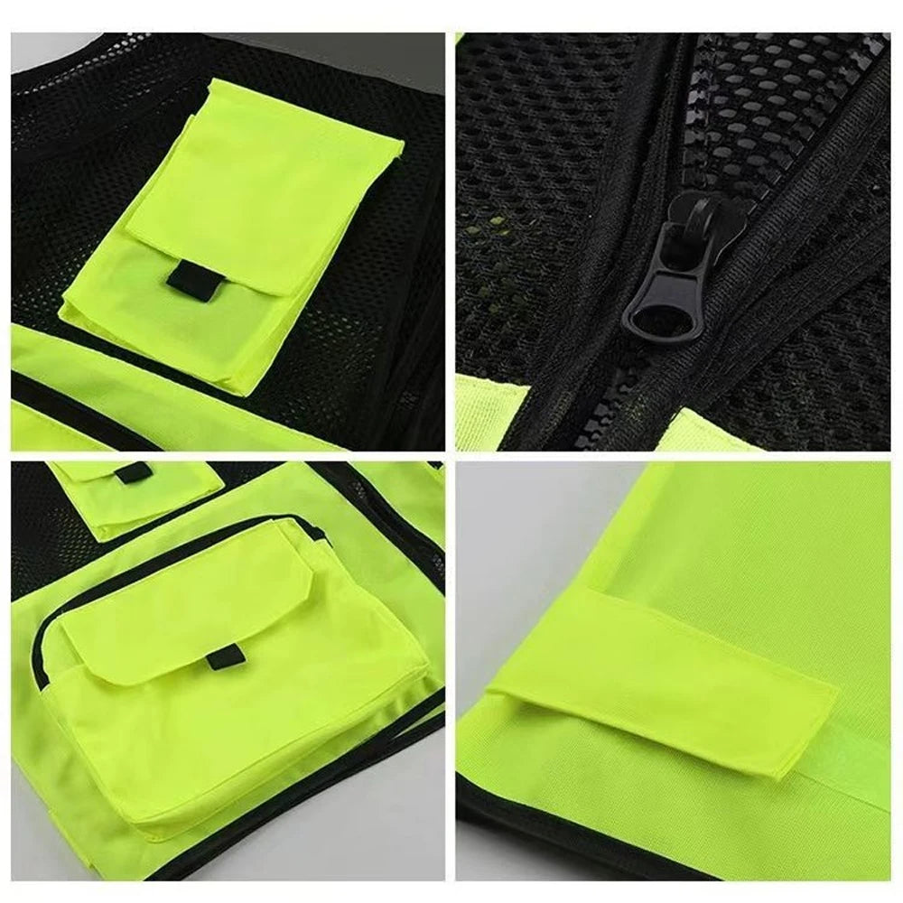 Nahaufnahme einer leuchtend limettengrünen Warnweste mit schwarzen Akzenten und Taschen.