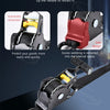 Close-up view of a black heavy duty retractable ratchet strap with a yellow handle and red locking mechanism.