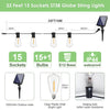 33 feet of ST38 globe string lights with 15 sockets and 15+1 bulbs featuring an IP44 waterproof design.
