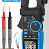 A black clamp meter with a blue display and red connector leads is shown against a white background.