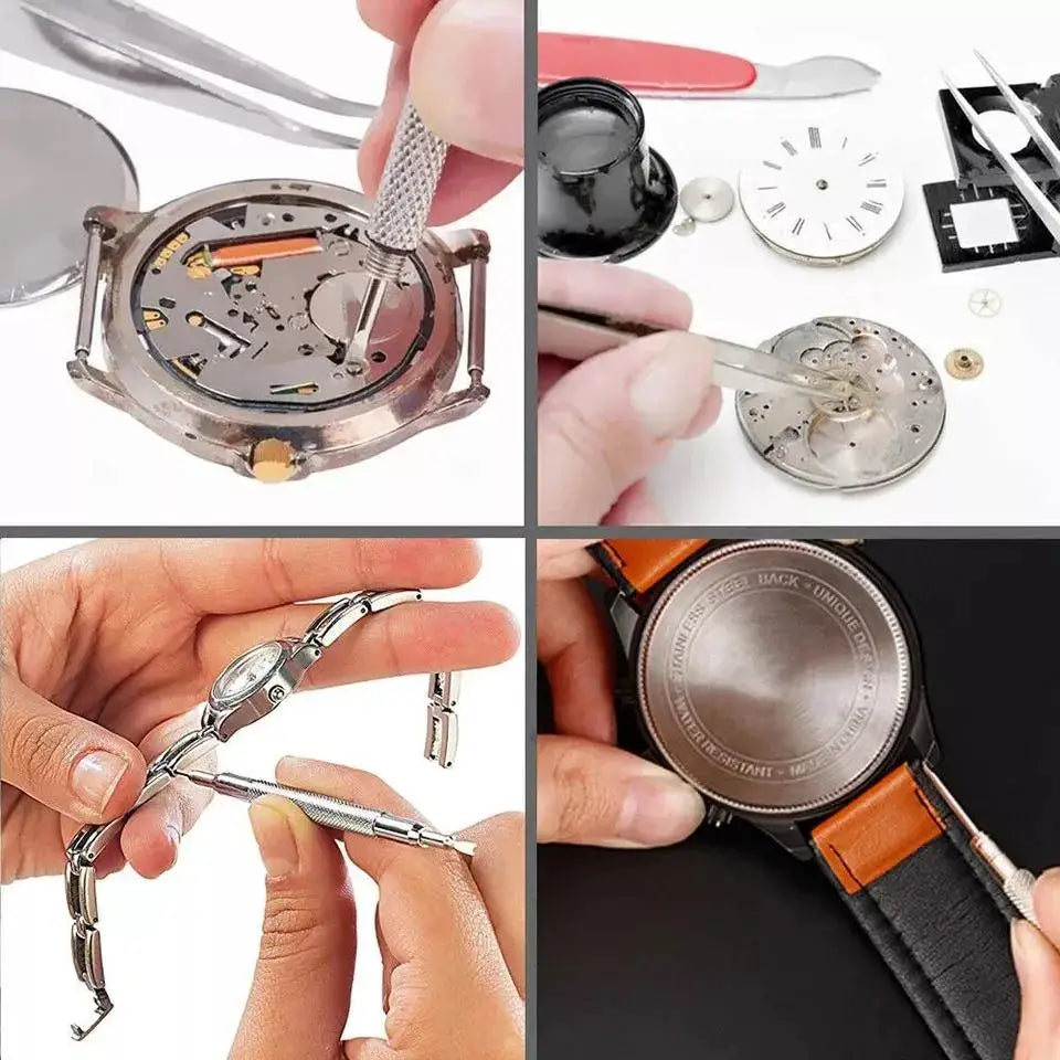 A collection of professional watch repair tools and components shown in various close-up shots.