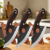 Three forged stainless steel boning knives with wooden handles and bottle openers displayed on a wooden cutting board.