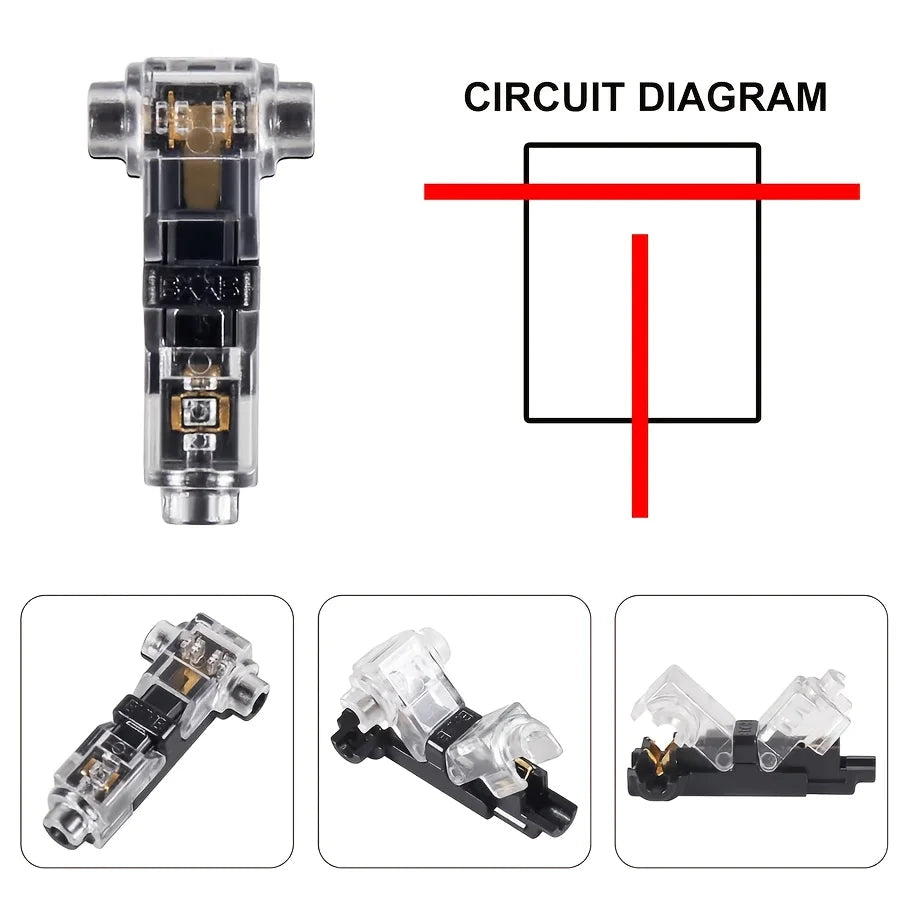 Circuit diagram and various views of T-Type wire splice connectors.