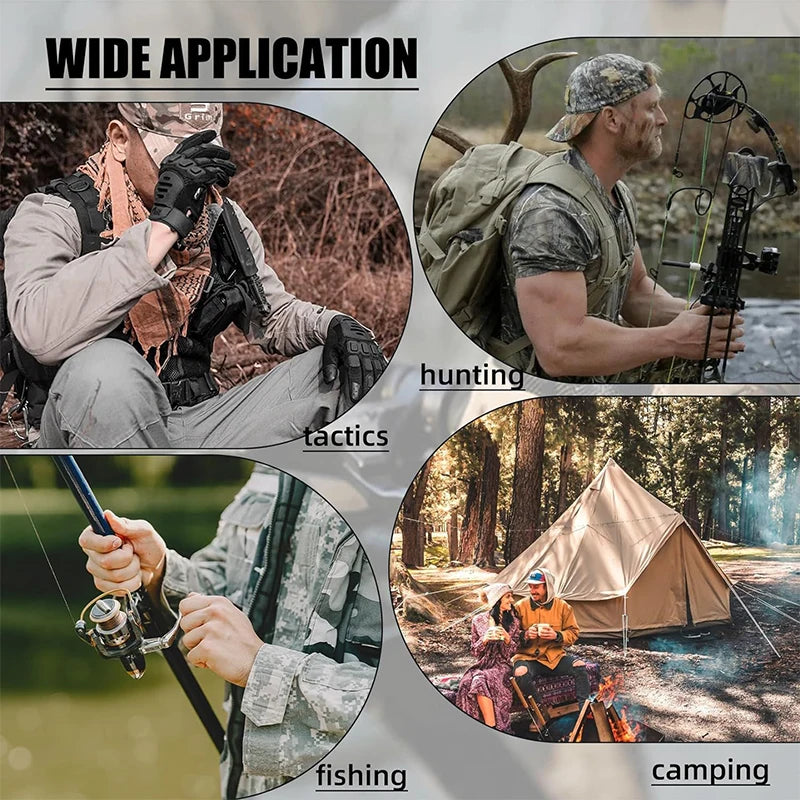 A collage showing people engaged in various outdoor activities like hunting, fishing, and camping using parachute rope work g