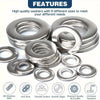 A set of stainless steel flat washers in various sizes, demonstrating high quality and durability.