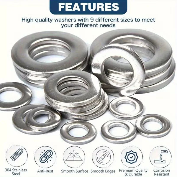 A set of stainless steel flat washers in various sizes, demonstrating high quality and durability.
