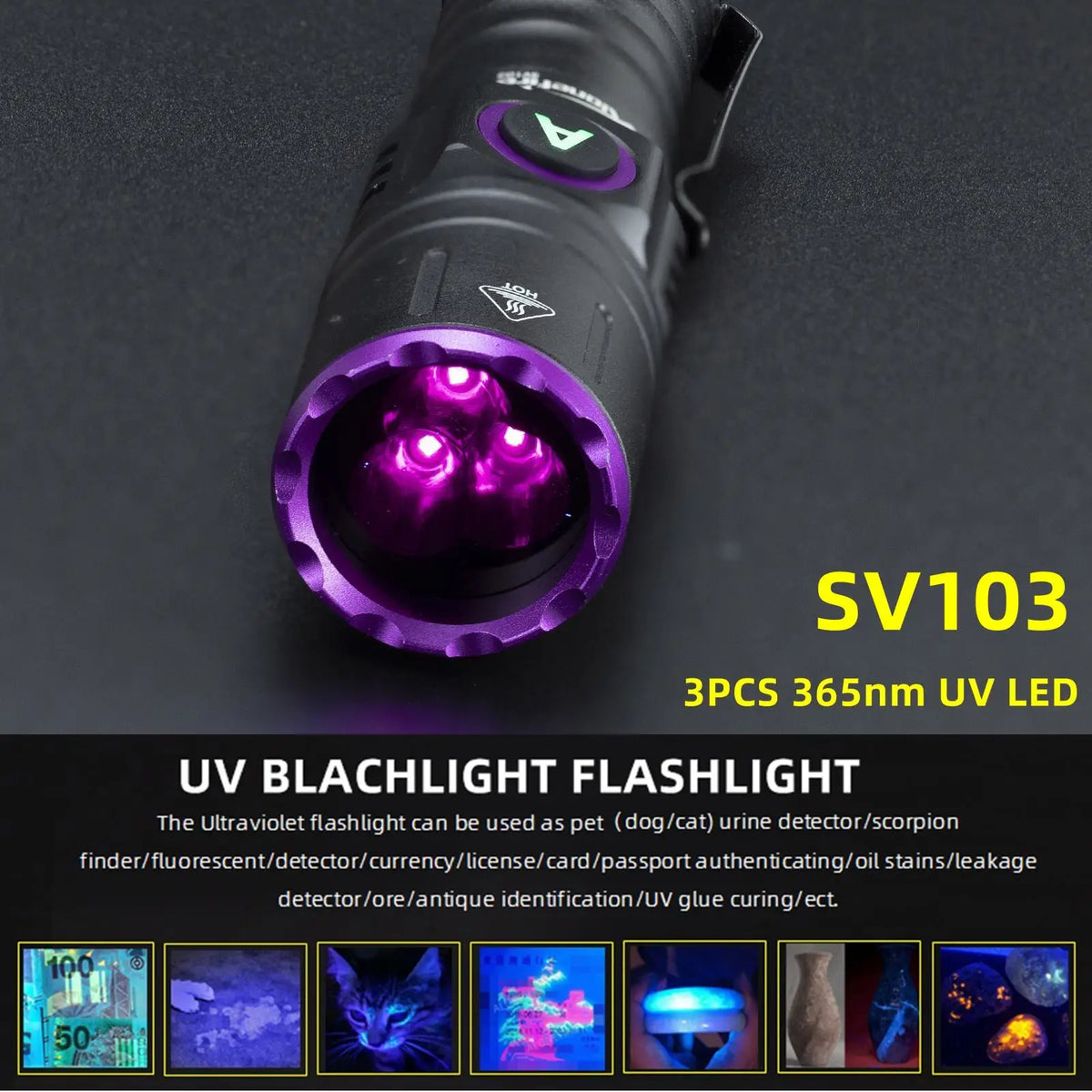 Vista cercana de una linterna UV SV103 con lente púrpura, mostrando varias manchas y objetos fluorescentes.