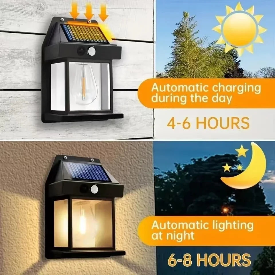 A black solar LED wall light is shown with indicators for automatic daytime charging and nighttime operation.