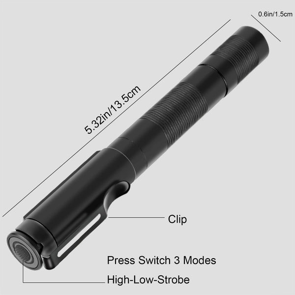 A black pocket LED flashlight with a clip, showing press switch modes like High-Low-Strobe.