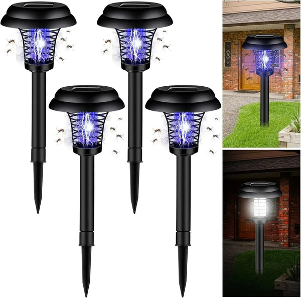 Cuatro lámparas zapper solares para mosquitos negras con protección de luz azul, mostradas contra un fondo de ladrillo y césp