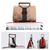 Adjustable luggage strap carrier belt shown with a brown bag and a silver suitcase.