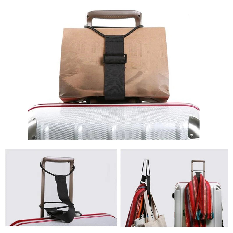 Adjustable luggage strap carrier belt shown with a brown bag and a silver suitcase.