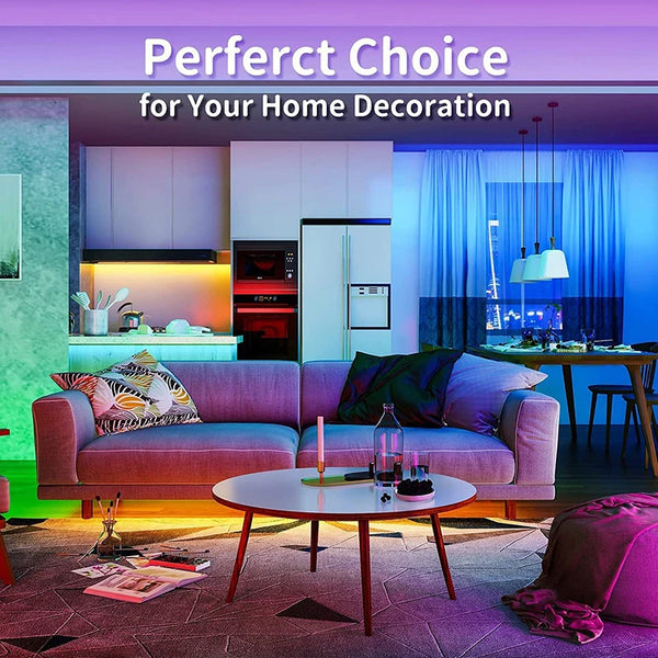 A modern living room interior featuring a pink sofa, white cabinets, and blue accent lighting.