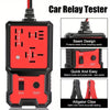 A compact automotive relay tester device with a black and red casing and various testing features.