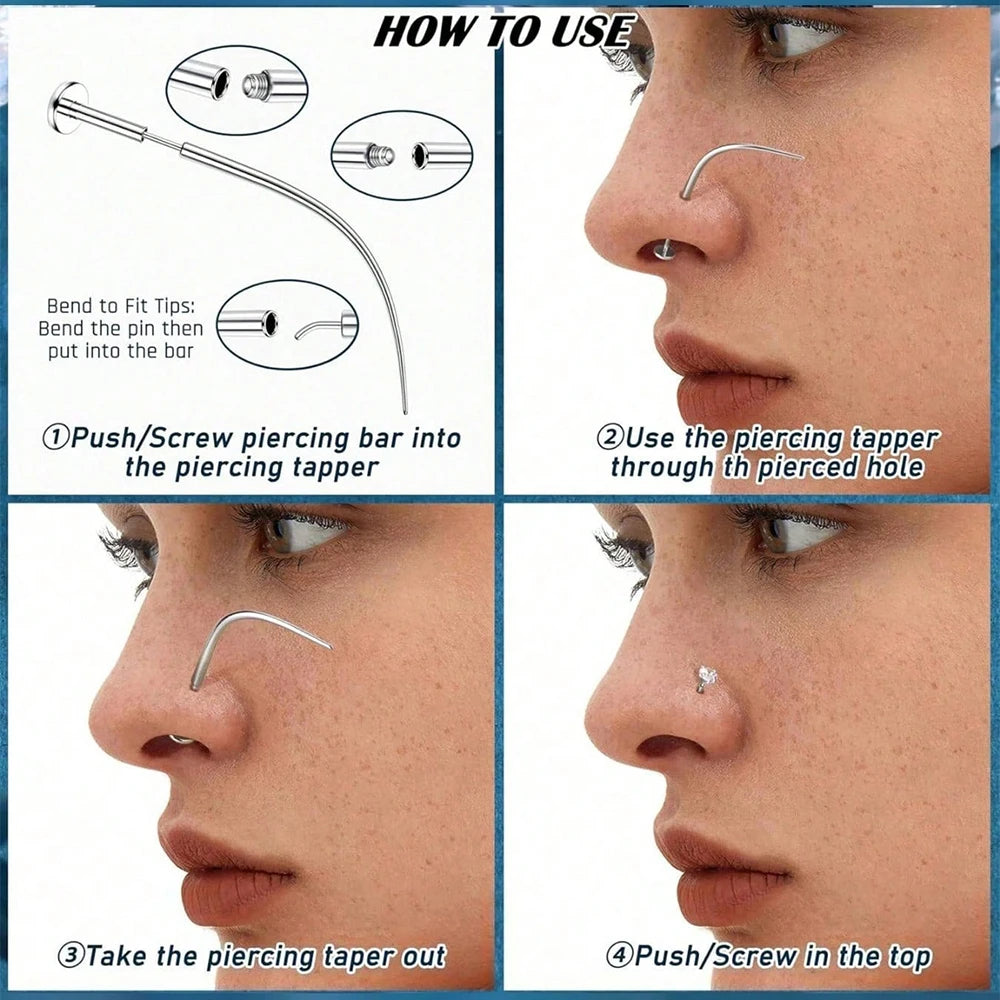 Diagram showing how to use a stainless steel piercing ball grabber kit for piercing a nose hole.