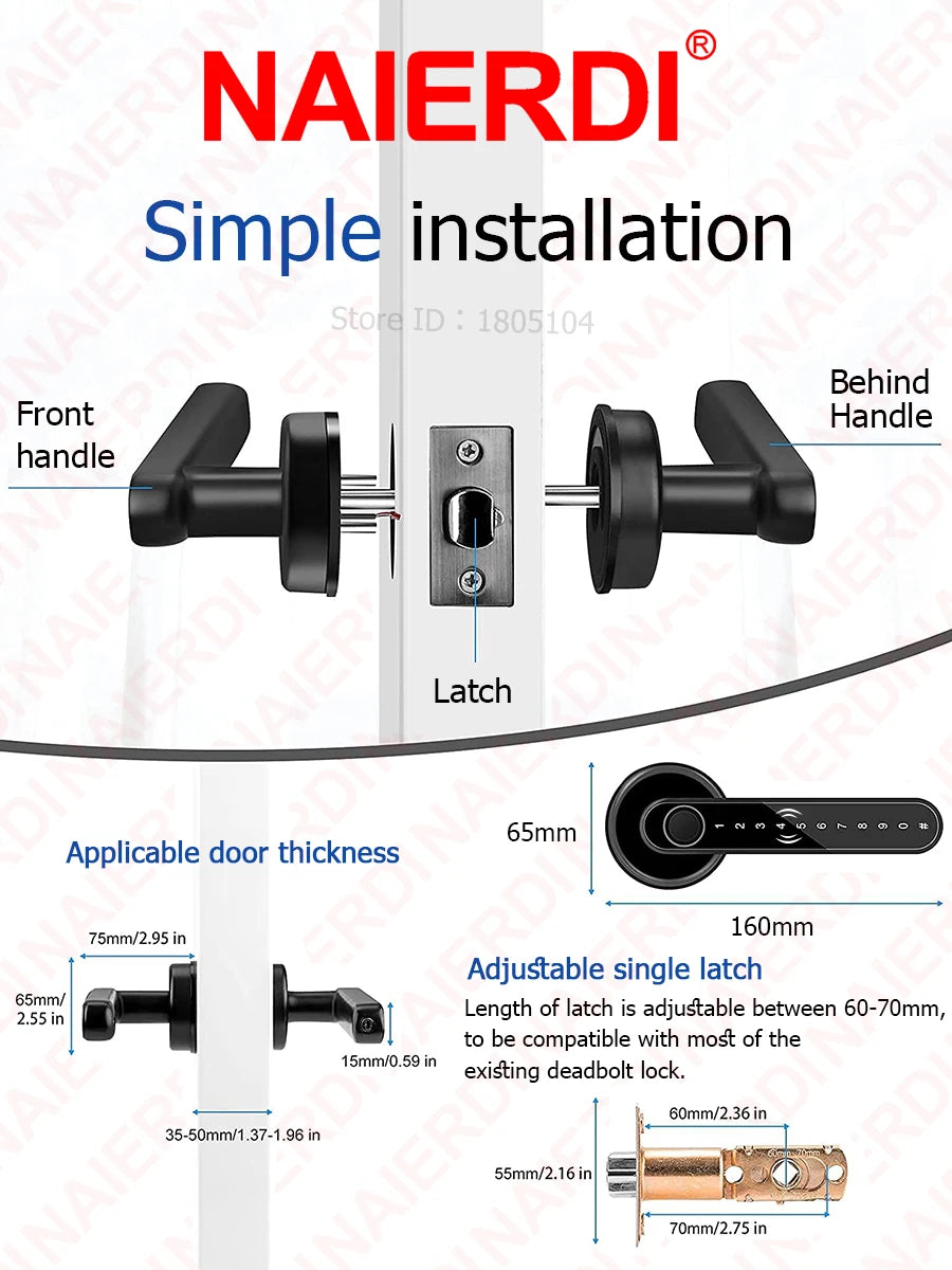 A set of black NAIERDI simple installation door handles and a adjustable single latch for door locks.