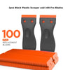 Two black plastic scrapers and one hundred replacement blades are displayed next to a strip of orange blades.